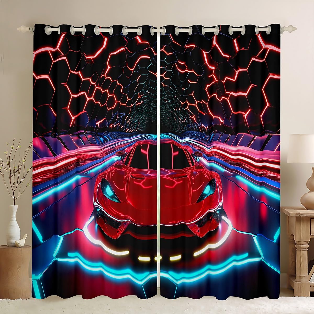 Homemissing Kids Race Car Curtains Red Black Sports Car Window Curtains for Bedroom Living Room for Extreme Sports Theme Window Drapes Speed Luxury Car 30%-50% Blackout Curtains,W46*L54,2 Panels