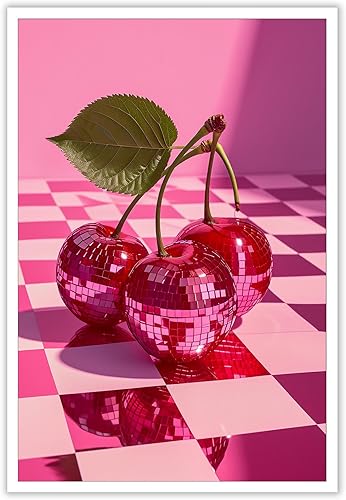 HMYLCQN Póster de cereza disco a la moda, imágenes de preppy, arte de lienzo rosa de los años 70 y 80 para niñas, arte de pared estético para