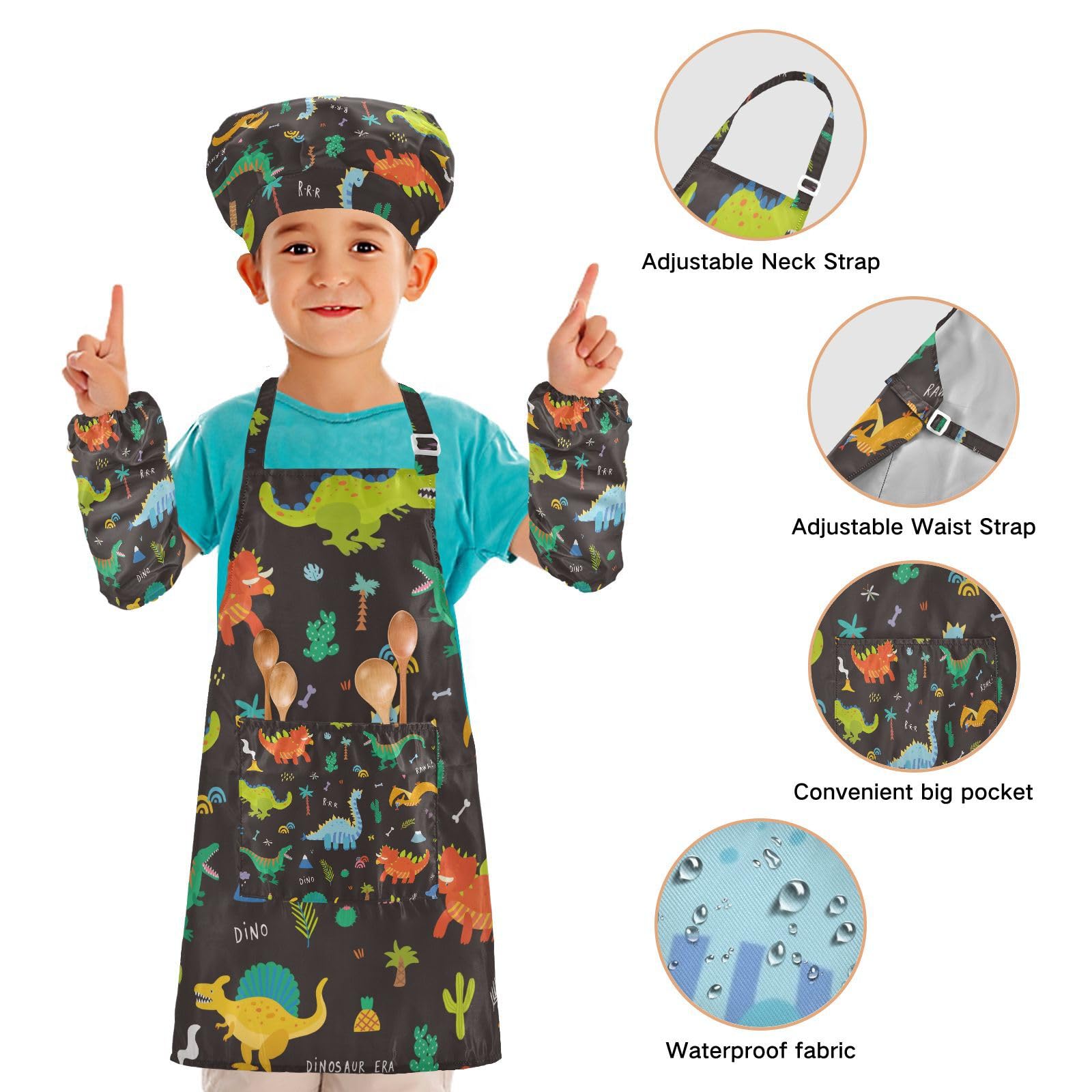 Kids Apron Chef Hat Sets Cartoon Dinosaurs Cooking Aprons Boys Girls Toddler Chef Outfit Artist Apron with Pockets 3-6