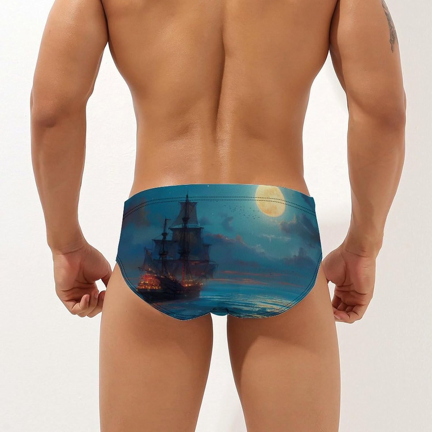 Pirateship Print Men's Swimsuit Brief Sexy Bikini Briefs Retro Printed Swimwear Quick Dry Swimming Trunks 3X-Large