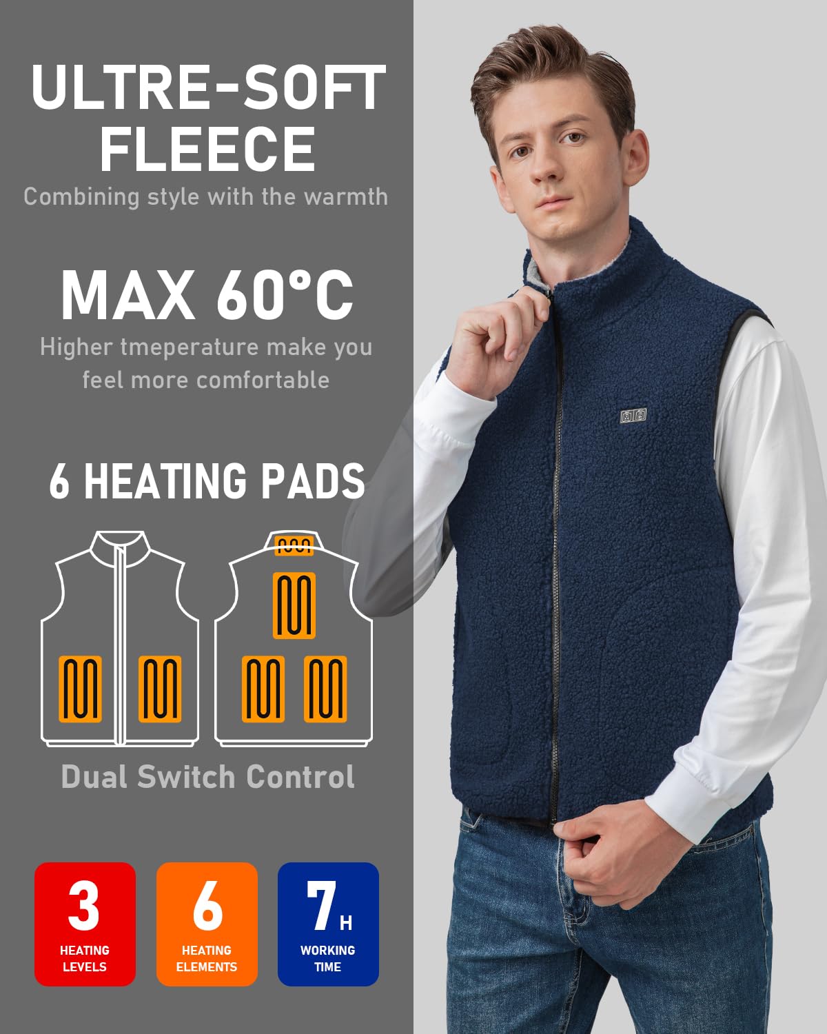 Gilet Chauffant Homme Femme - Veste Chauffante Polaire 6 Zones 3 Niveaux USB Powerbank 10000mAh Lavable