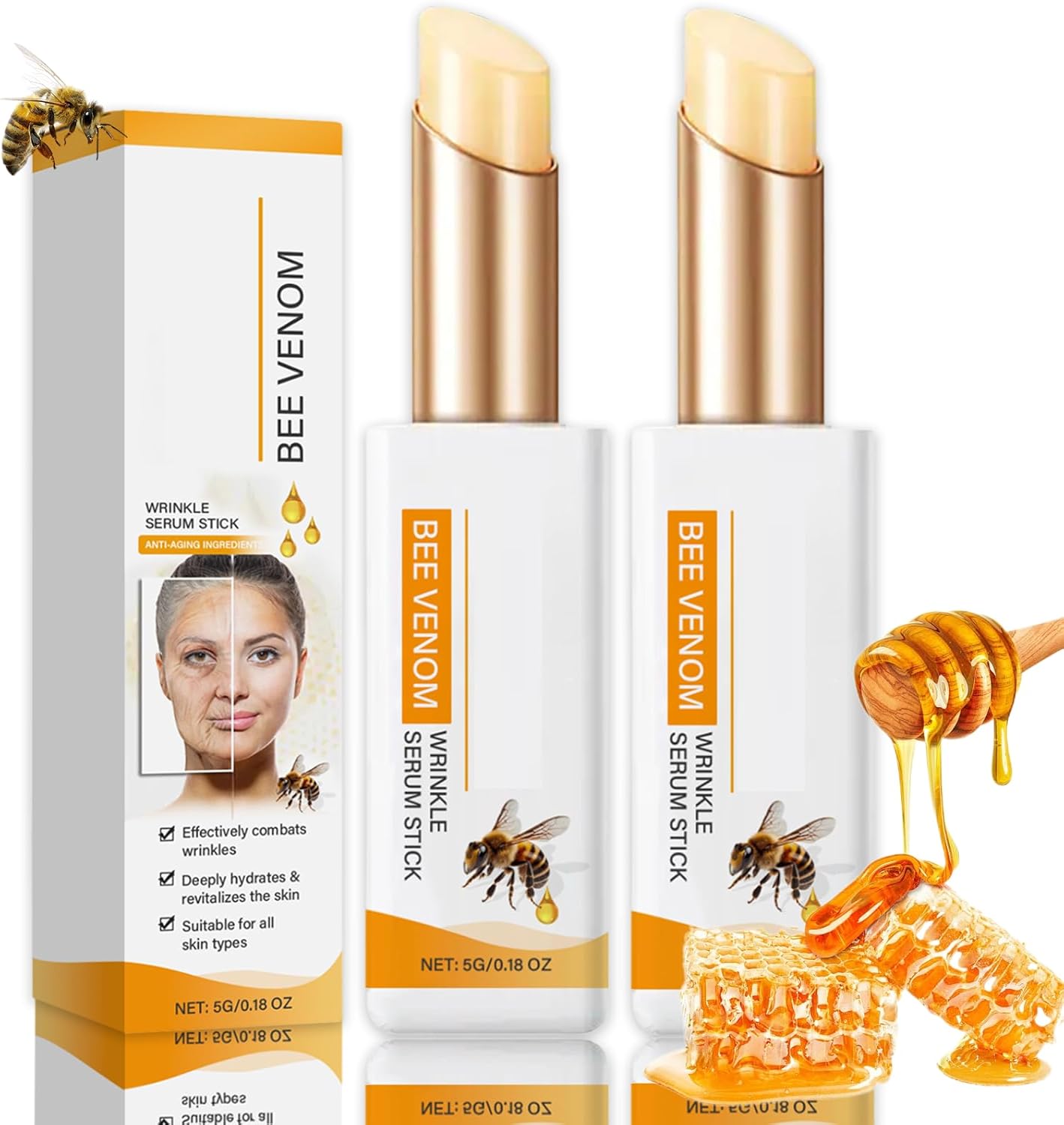 2Pcs Bee Venom Firming Serum Stick, Skin Tightening Cream for Face & Body with Hyaluronic Acid, Anti-Wrinkle Firming Serum, Lifts & Firms Sagging Skin, Anti-Aging Face Serum for All Skin Types,5g