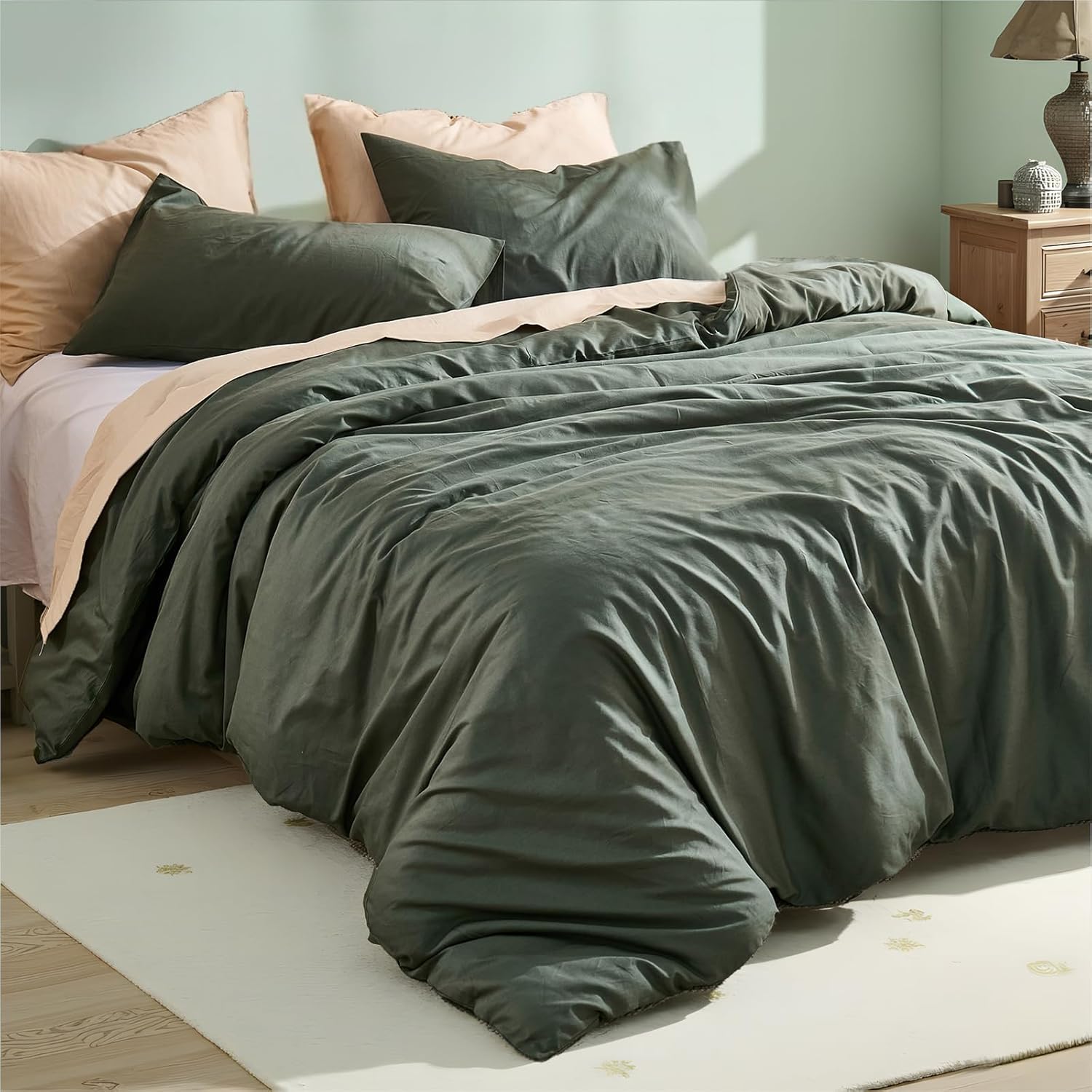 100% Cotton Comforter Set Queen Size – Olive Green, Linen-Like Texture, Super Soft & Breathable Lightweight Bedding Set, 3-Piece Durable Percale Comforter for All Seasons