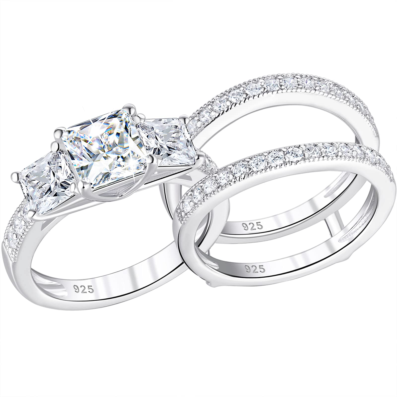 SHELOVES JEWELRYSHELOVES Three-Stone Princess Cut AAAAA Cz Wedding Rings Set Ring Enhancers 925 Sterling Silver Sz 5-10