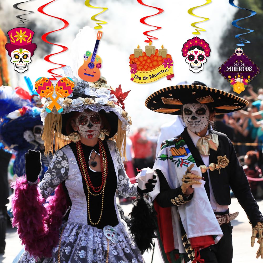 Décoration Fête Mexicaine - Lot 3 Bannières + 6 Tourbillons En Carton - Motifs Colorés Pour Dia De Los Muertos, Cinco De Mayo