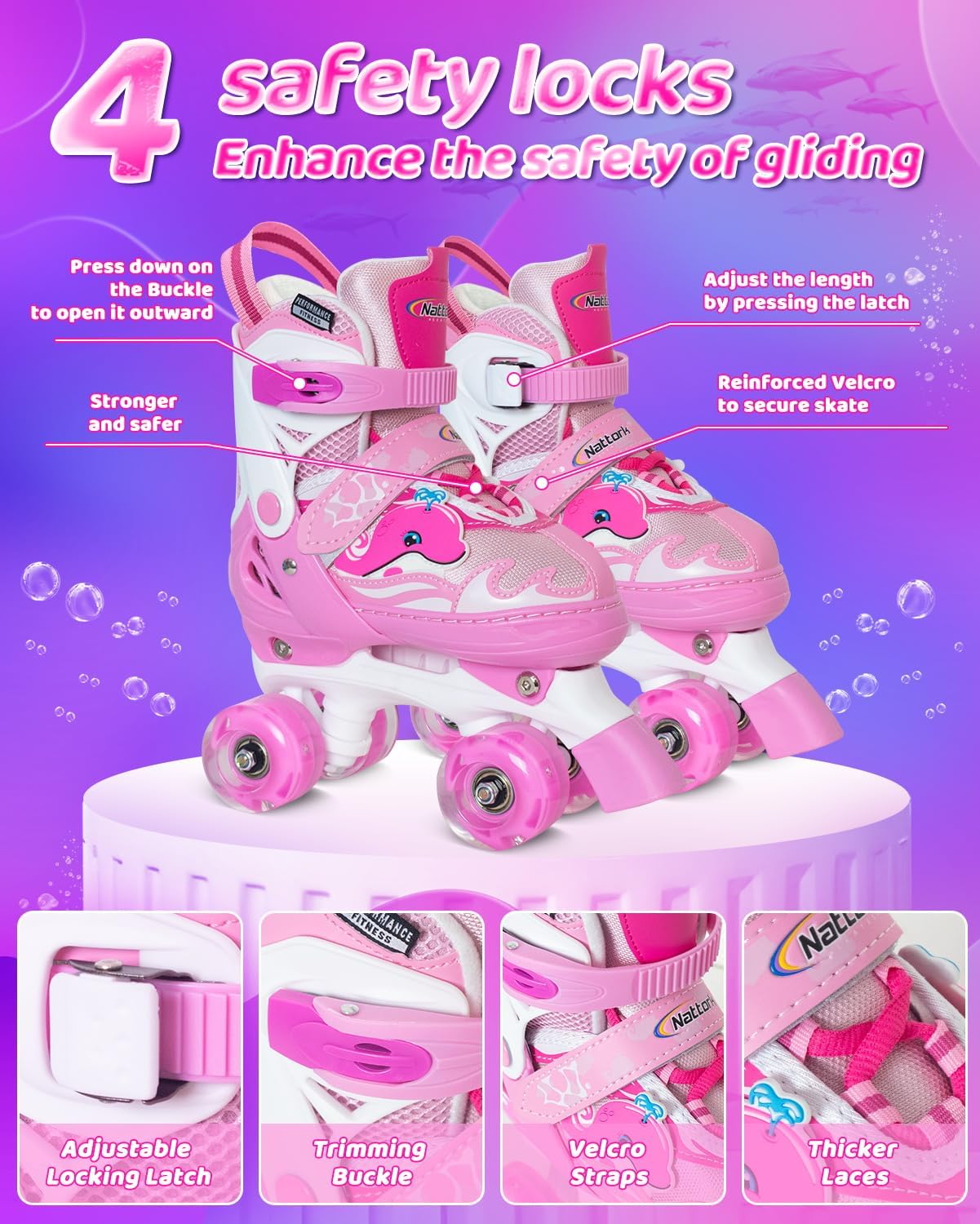 Nattork Roller Skates for Kids, Adjustable Light up Rollerskates for Girls Boys, Green Blue Purple Pink Skates for Toddler,Beginner Kids Roller Skates Indoor Outdoor