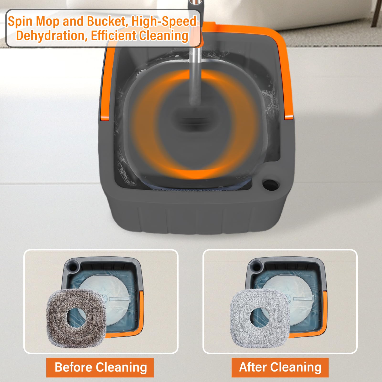Juego de fregona cuadrada giratoria y cubo con escurridor con sistema de separación de agua sucia/limpia para limpieza del piso del hogar (3 almohadillas gruesas lavables a máquina) (negro)
