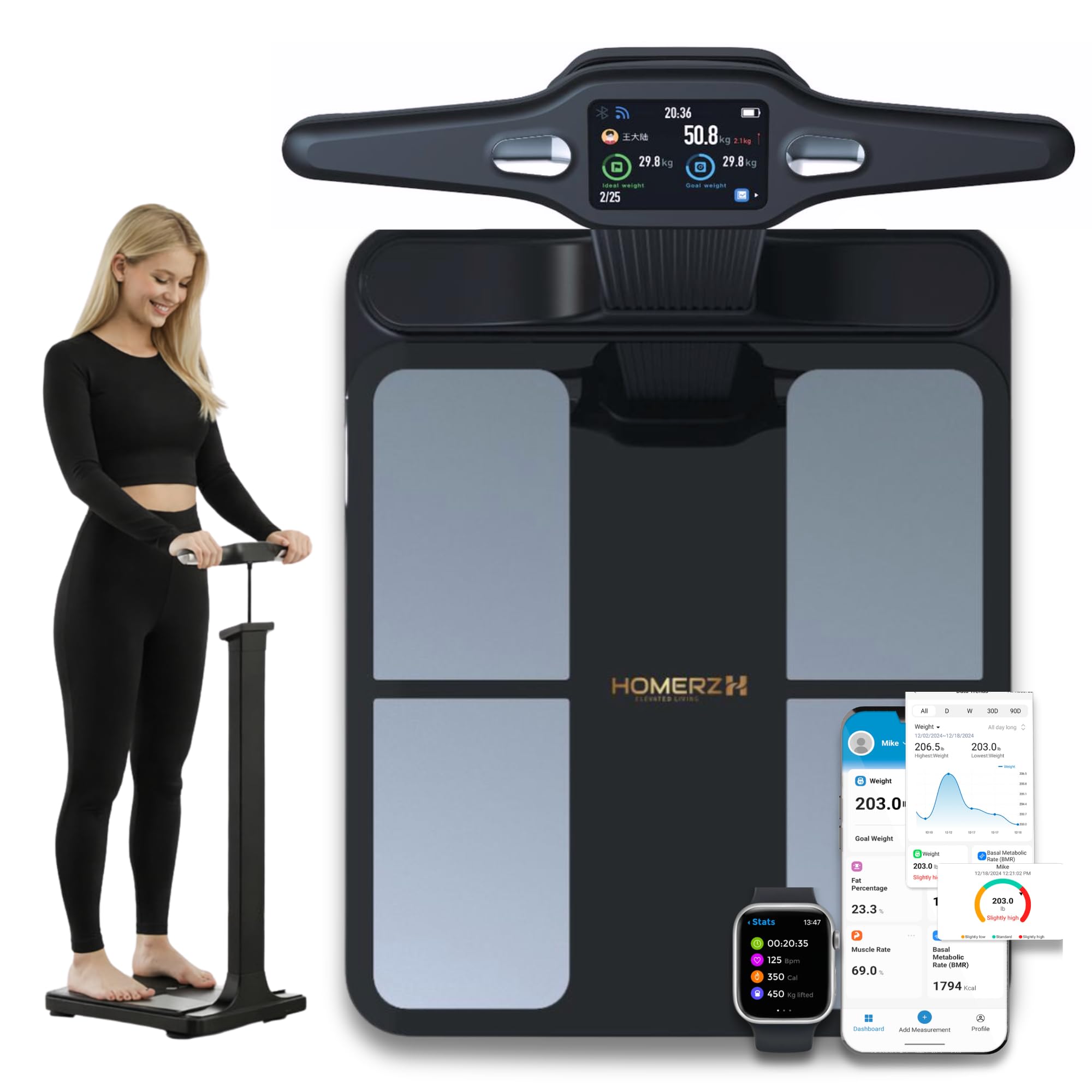 Homerz Balance intelligente - Balance intelligente sans flexion avec IMC, graisse corporelle, masse musculaire, composition corporelle complète avec suivi numérique du poids, balance avec poignée