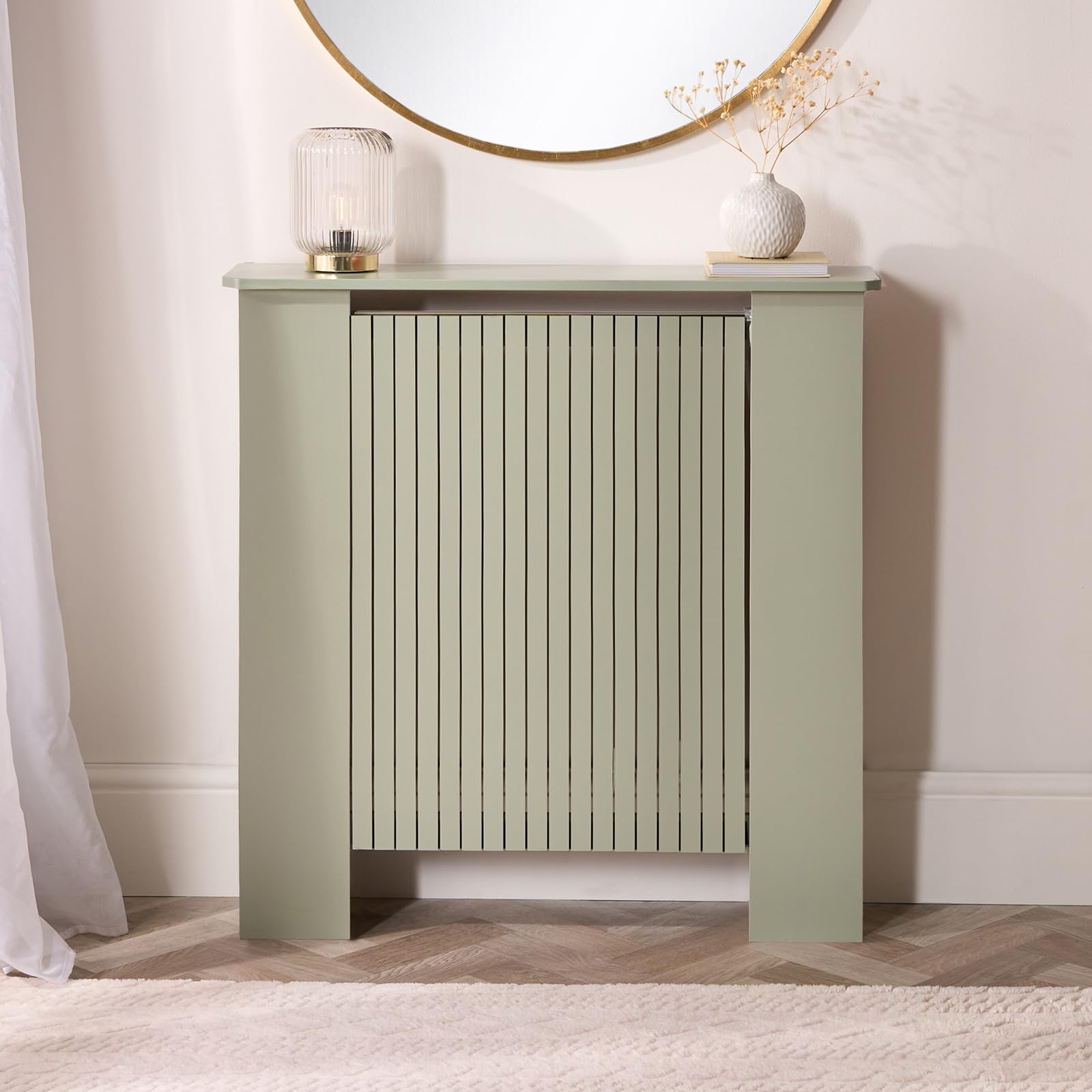 OHS Radiator Cover Medium, Modern Slatted Design MDF Wood Frame Top Shelf Ribbed Radiator Cover for Living Room Bedroom Hallway Decorative Heater Cover, Sage Green - 102 x 82 x 19cm