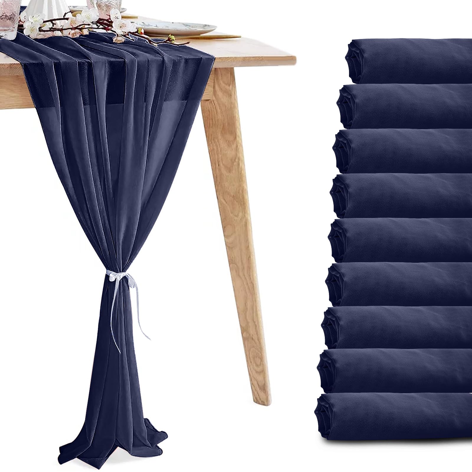 Photo 1 of 10 Pack 10ft Navy Blue Chiffon Table Runners Wedding Table Runner Sheer Romantic Tulle Table Runner for Christmas Wedding Bridal Tea Party Baby Shower Birthday Party Table Decorations(120 x 12 in)