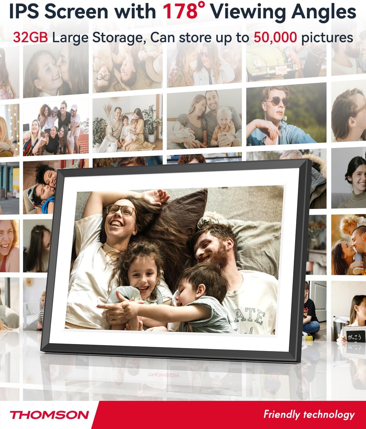 Digital photo frame with a collage of photos in the background, highlighting IPS screen and 32GB storage.
