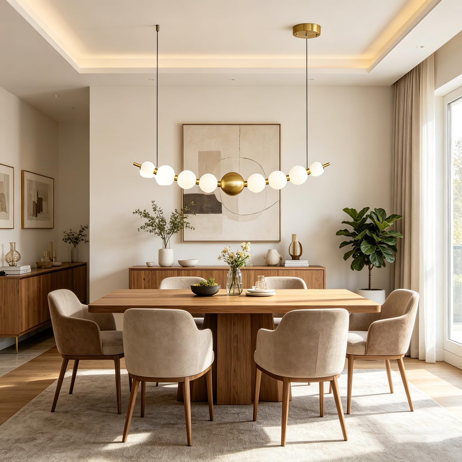 YNVIOZM Mid Century Modern Linear Chandelier Globe Dining Room Light Fixture Linear Pendant Light Gold Kitchen Island Lighting Fixtures Frosted Ball Chandelier with White Acrylic Shade