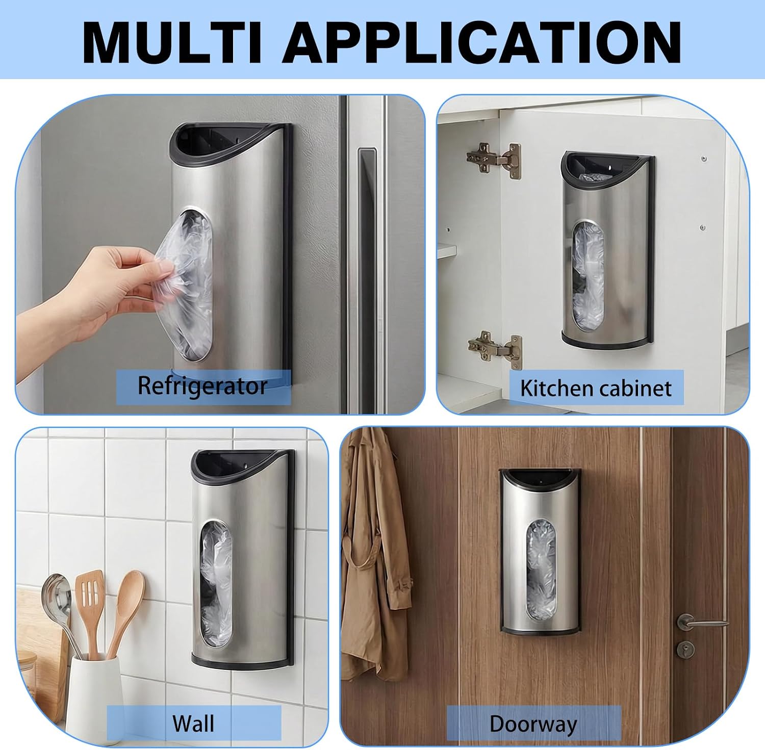 2 Pcs Stainless Steel Grocery Bag Holder Plastic Bag Organizer Wall Mounted Trash Bags Dispenser for Kitchen Pantry Cabinet Garage Storage Space Saving