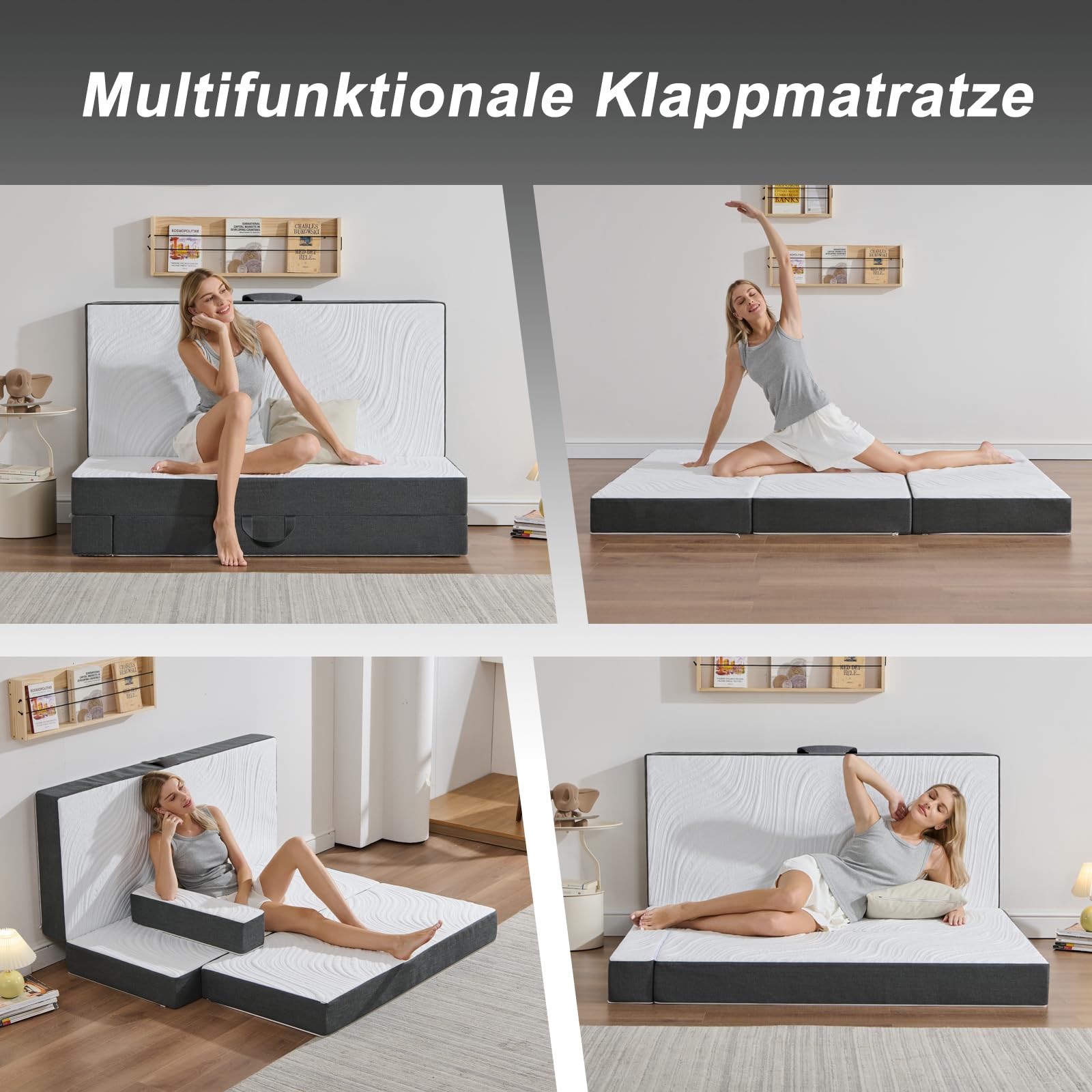Twirest Klappmatratze 4-teilig, 120 x 195 x 15 cm– Gästematratze mit waschbarem Bezug, Bandscheibenwürfel, klappbar, atmungsaktiv – Faltmatratze für Erwachsene, Gästebett, Reisen, Camping, 15cm dick
