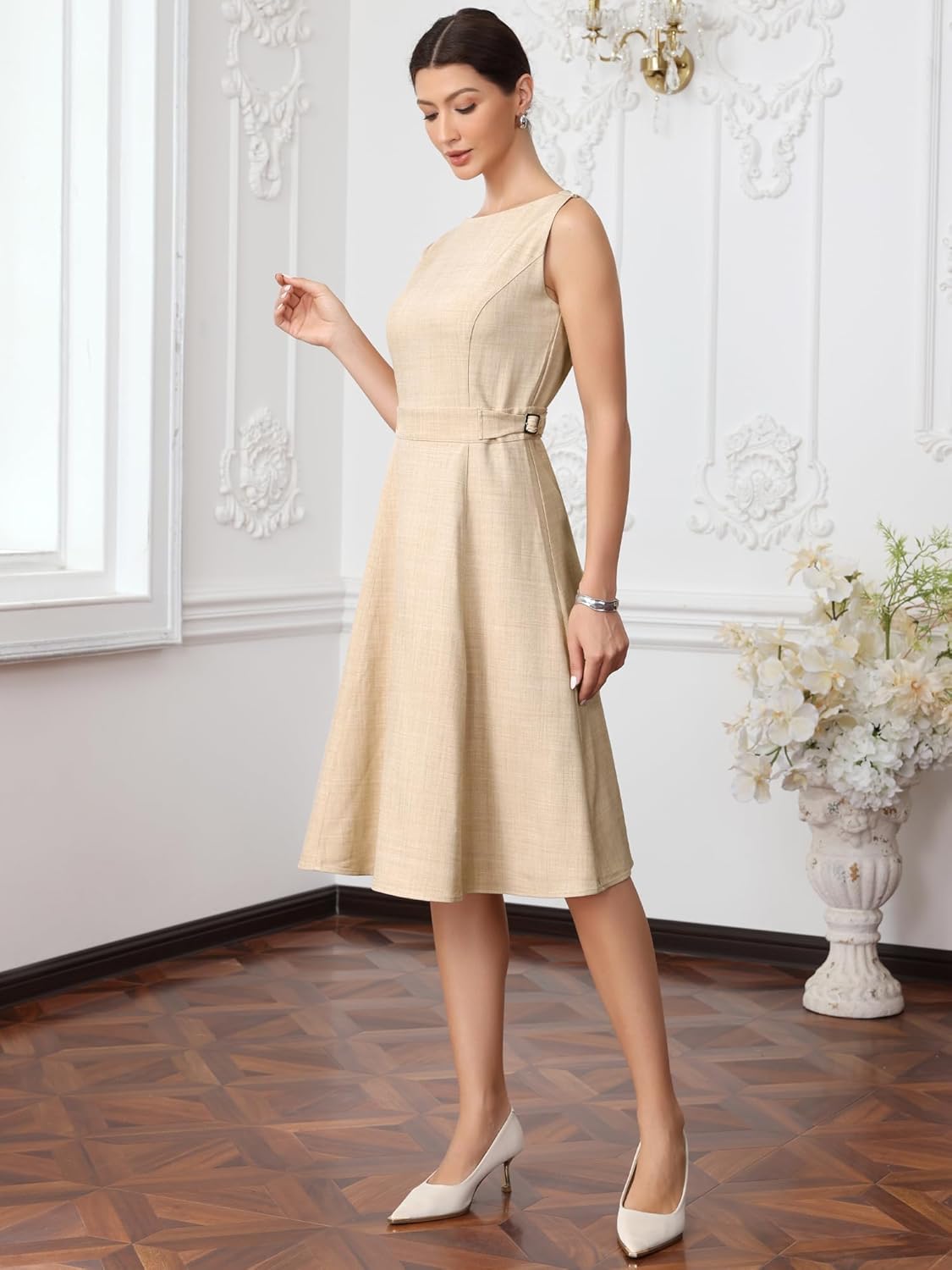 Allegra K Linen Dress for Women Sleeveless Boat Neck Adjustable Waist A Line Summer Business Casual Dresses - Image 3