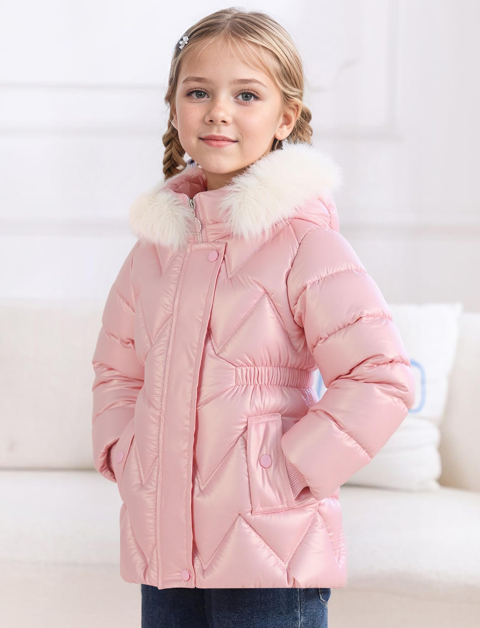 Maeau Giacca invernale da bambina, foderata in pile, con cappuccio, a maniche lunghe, parka, per attività all'aperto, con cappuccio in pelliccia sintetica
