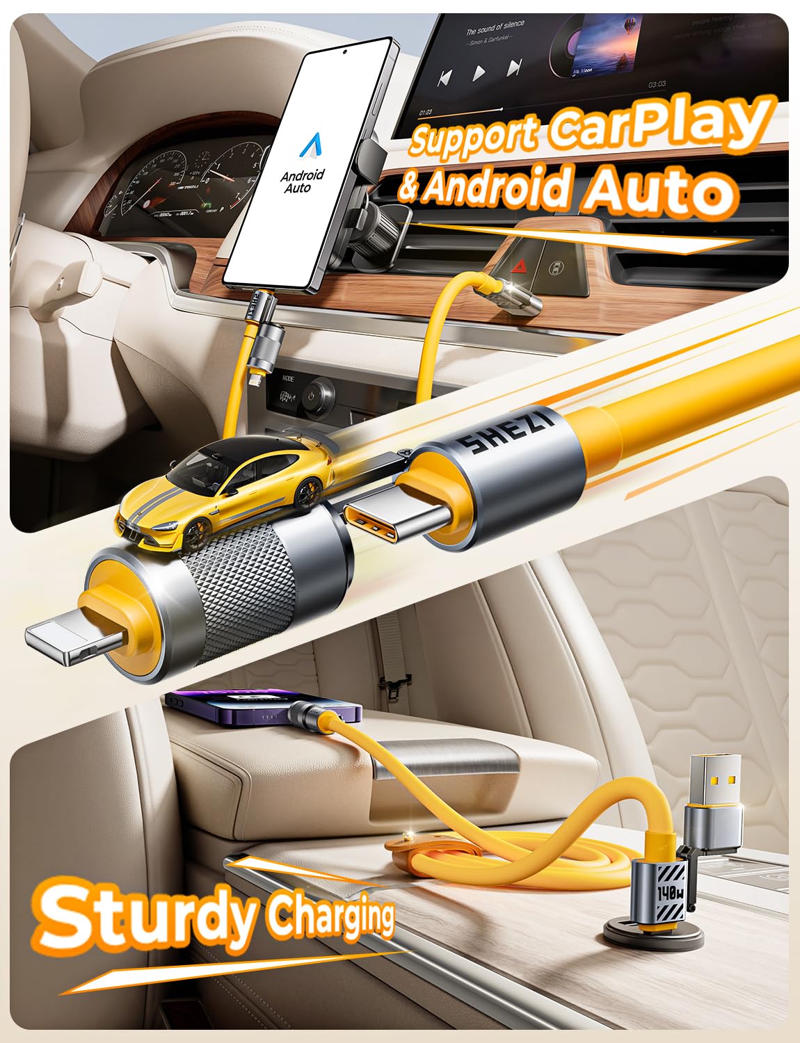 2025 Silicone 4-in-1 USB C Cable 140W Compatible with Lightning Cable Fast Charging & Data Transfer, Support to CarPlay & Android Auto, 5FT Multi Cord Combo Charger for iPhone/iPad