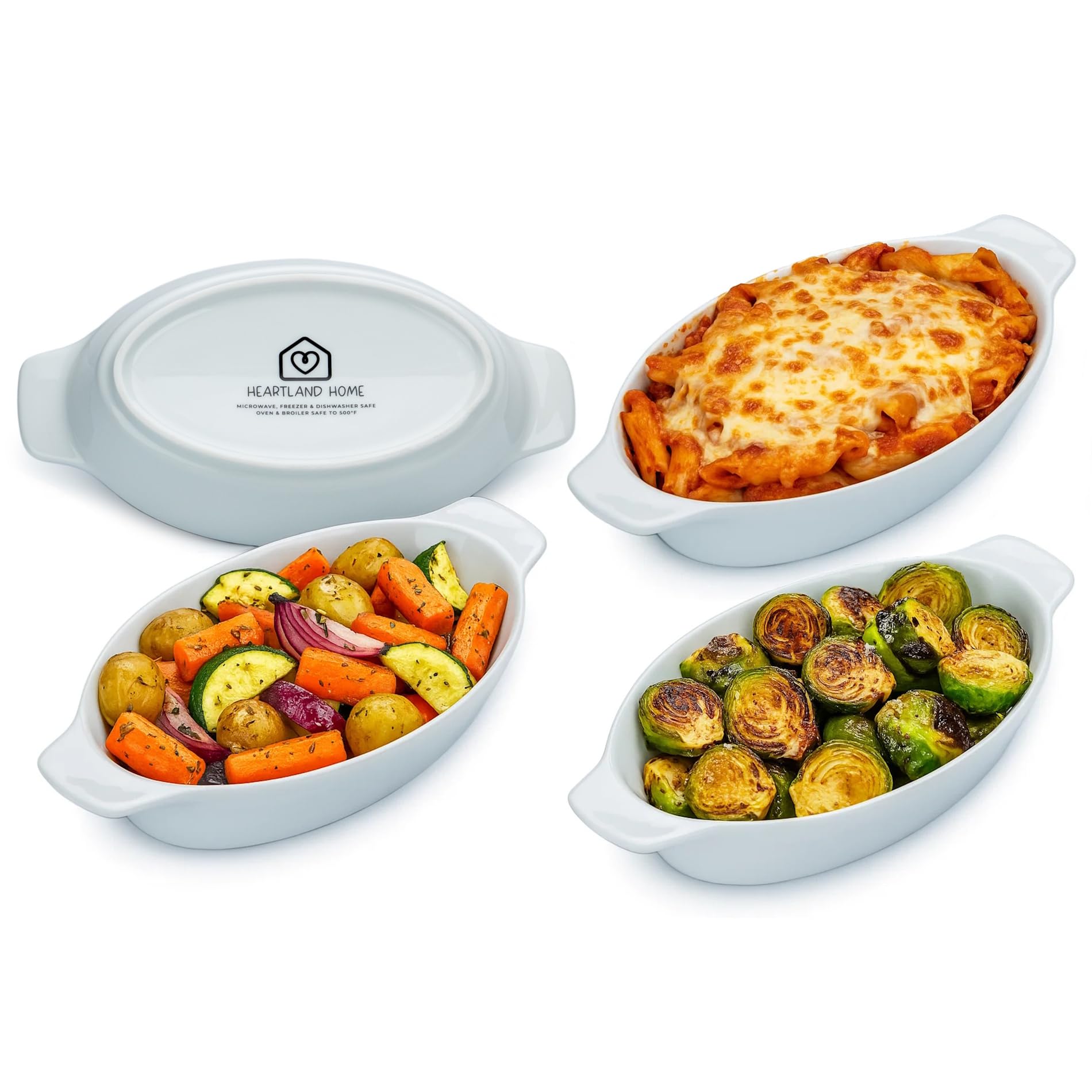 Heartland Home Porcelain Mini Casserole Dish Oval Au Gratin Dish (4pc Set). Cauliflower Baking Dish, Banana Split Bowls, Single Serving Dishes, Small Individual Gratin Dishes Set