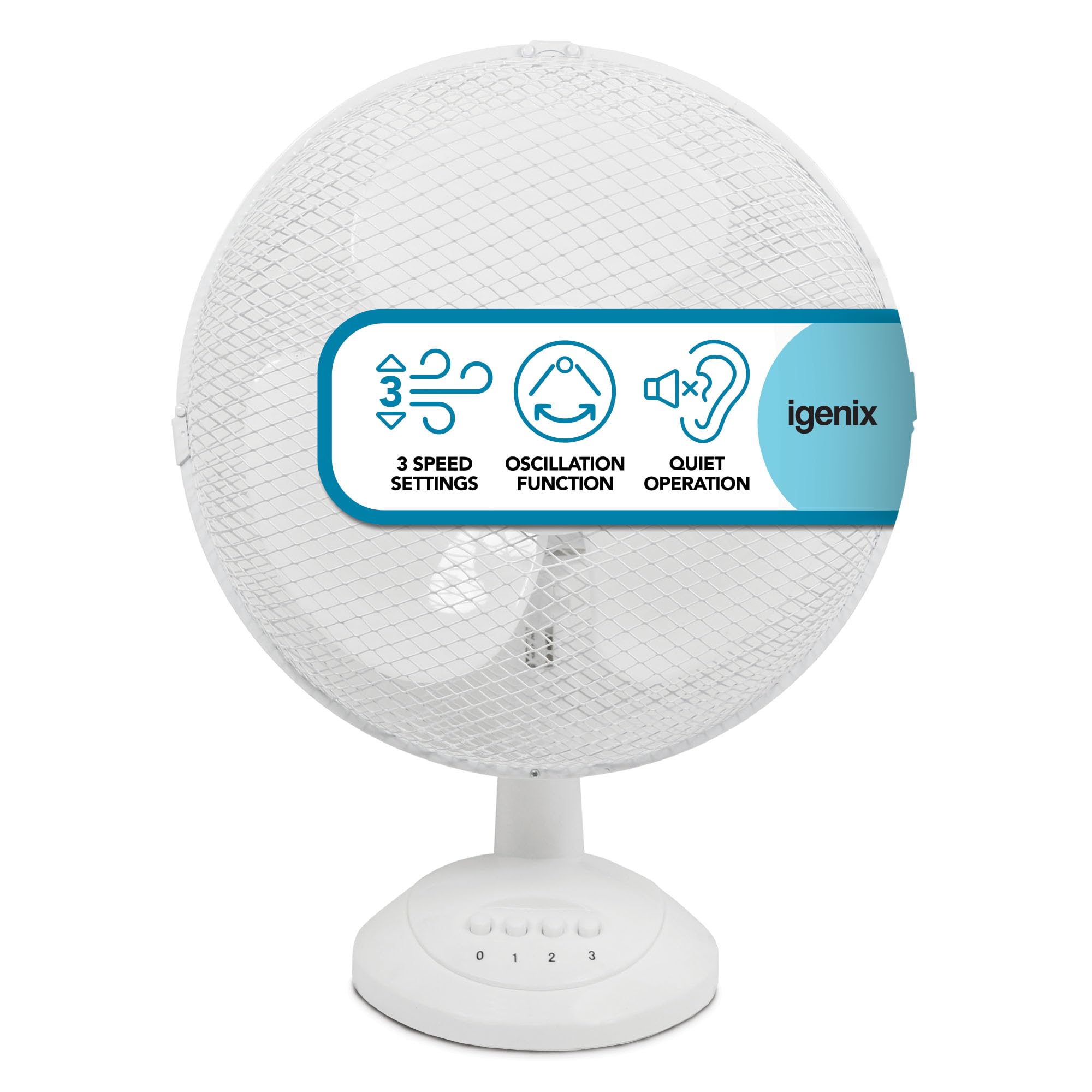 Igenix DF1210 12” Portable Desk Fan – 3 Speed Settings, Quiet Oscillating Airflow, Compact Desktop or Bedside Cooling – Ideal for Home & Office – White