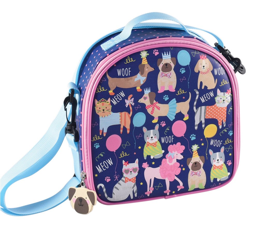 Floss & Rock Party Cats and Dogs 8.5 Inch Insulated Lunch Bag with Detachable Strap