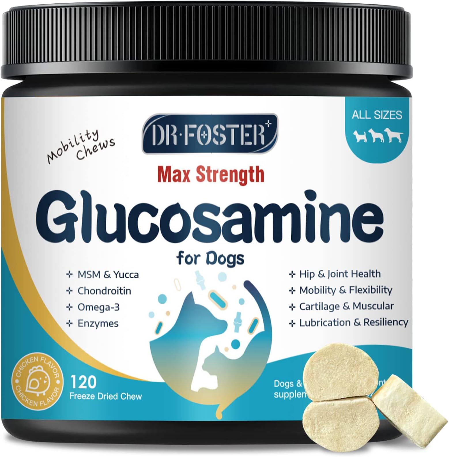 Glucosamine for Dogs, Hip and Joint Supplement for Dogs with Chicken Flavor, Anti Inflammatory, Dog's Chondroitin, Digestive Enzymes, Omega-3, Vitamin D, MSM, Calcium, Turmeric, 120 Freeze-Dried Chew