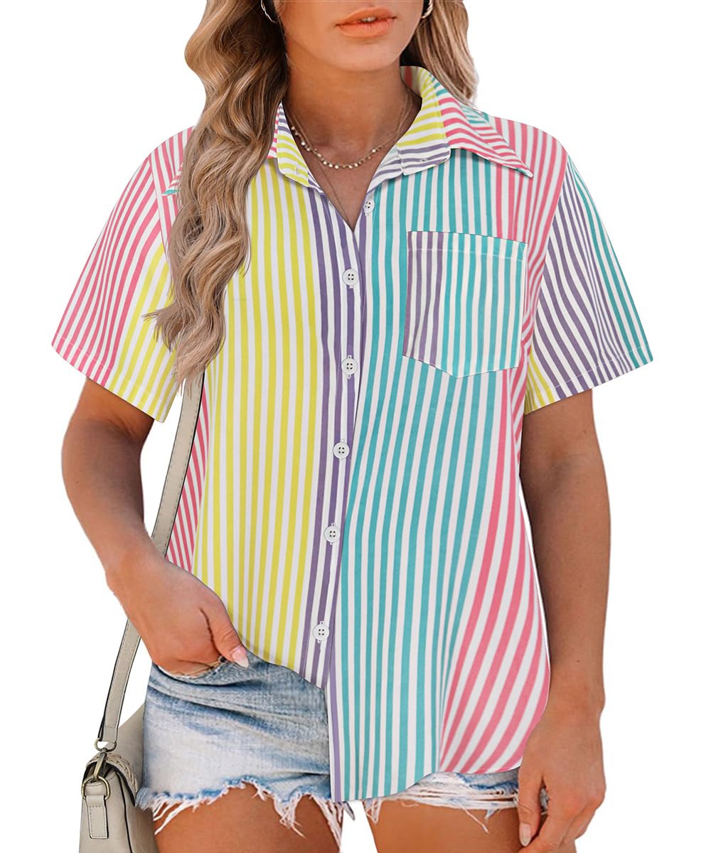 RITERAWomens Plus Size Tops Button Down Roll-Up Cuffed Short Sleeve Casual Shirts Collared Summer Lightweight Blouse XL-5XL