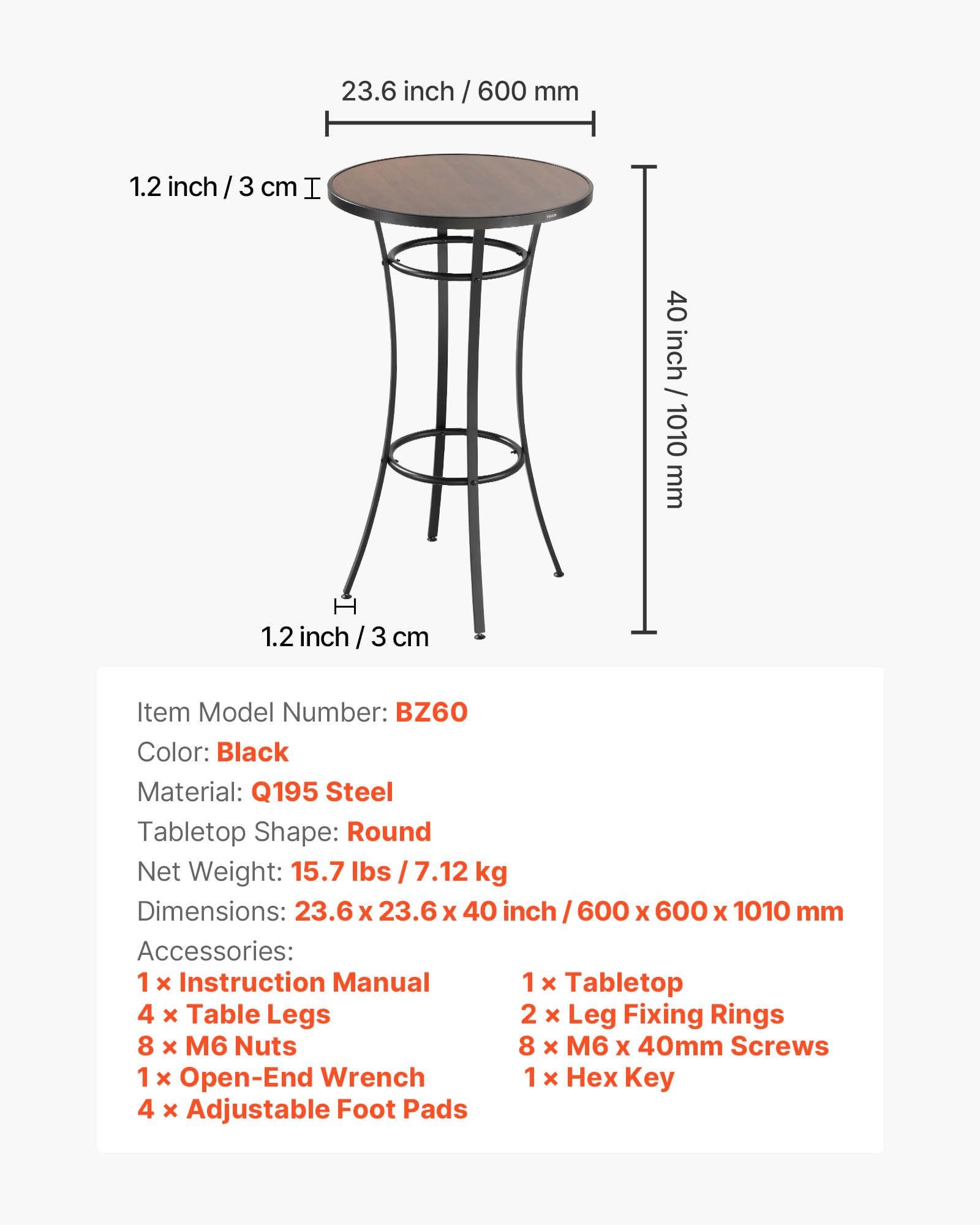 VEVOR Stół barowy, 600 x 600 x 1000 mm, stolik bistro, stolik stojący z metalową ramą, okrągłe stoły do jadalni, stół kuchenny, stół imprezowy, meble ogrodowe na balkon, do ogrodu, na krawędź basenu
