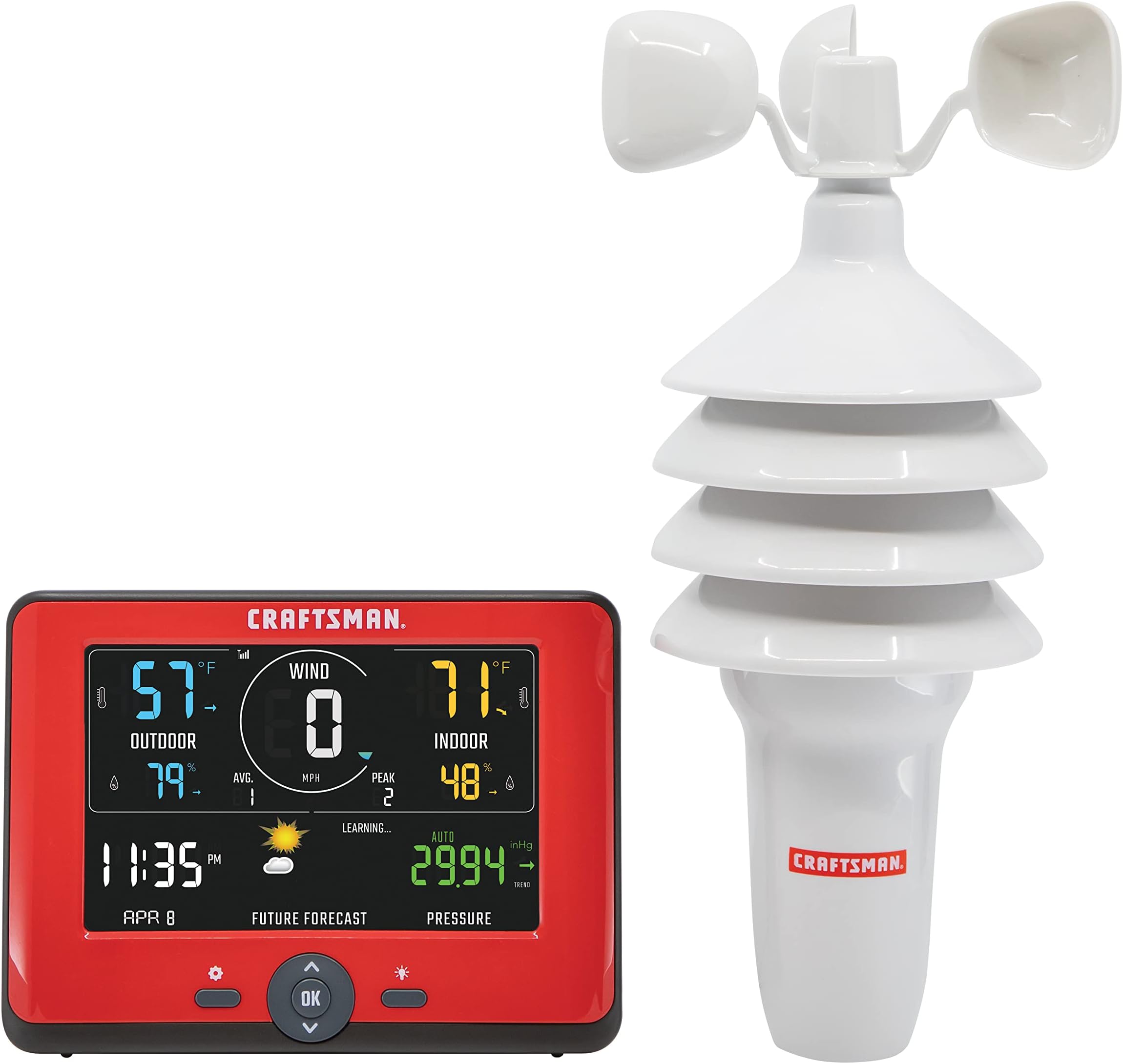 CRAFTSMAN Personal Weather Station with Indoor/Outdoor Temperature and Humidity Readings, Wind Speed Measurement, Hyperlocal Forecasting, Backlit Color Display, and Built-in Barometer (CMXWDCR01543)