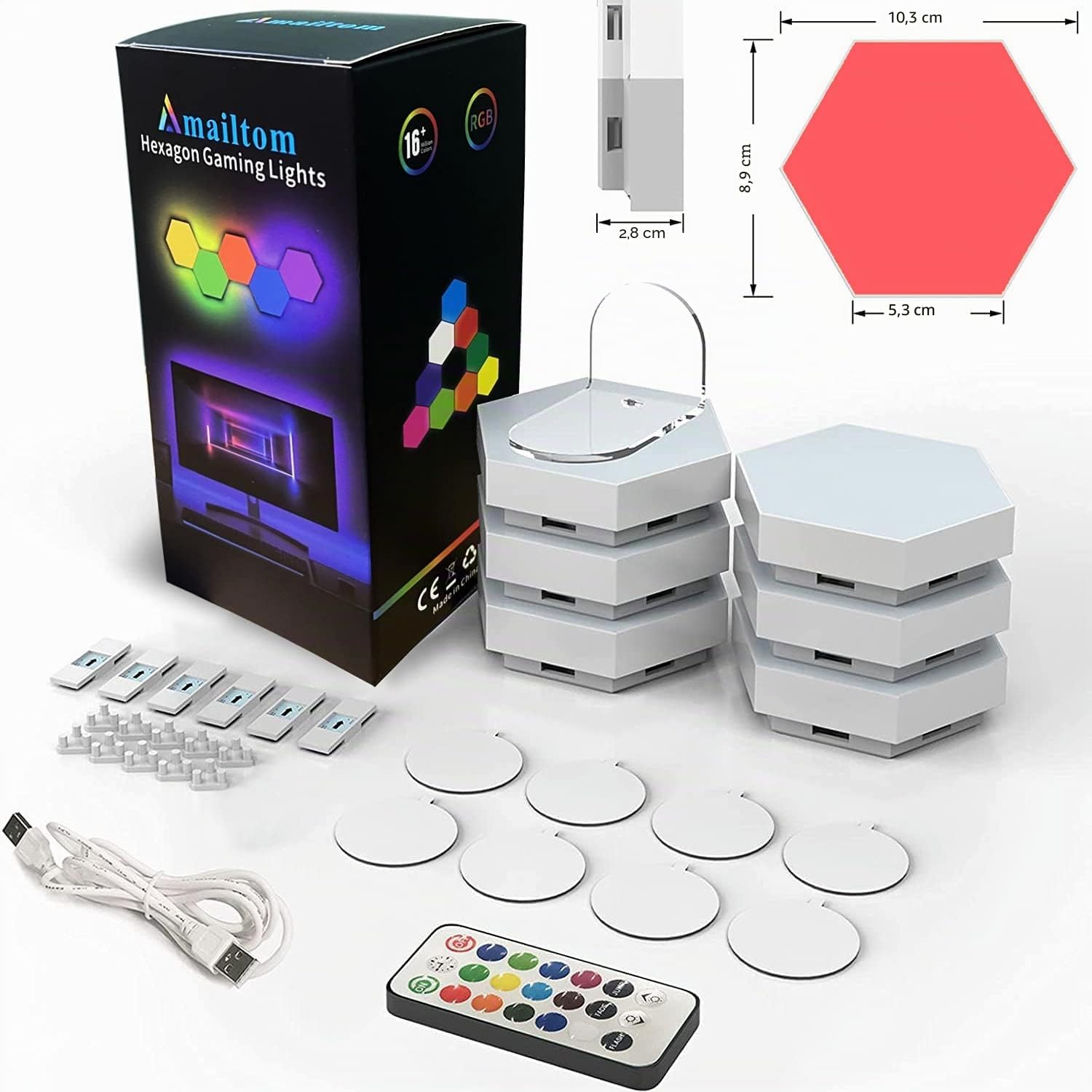 Pannelli LED RGB con Telecomando, Luci Esagonali LED Parete Gaming Pannello Muro Controllo Touch Luce Notturna,Fai da te Geometria Splicing Lampada Esagonale per Stanza da letto/Salotto/Party,7 Pezzi