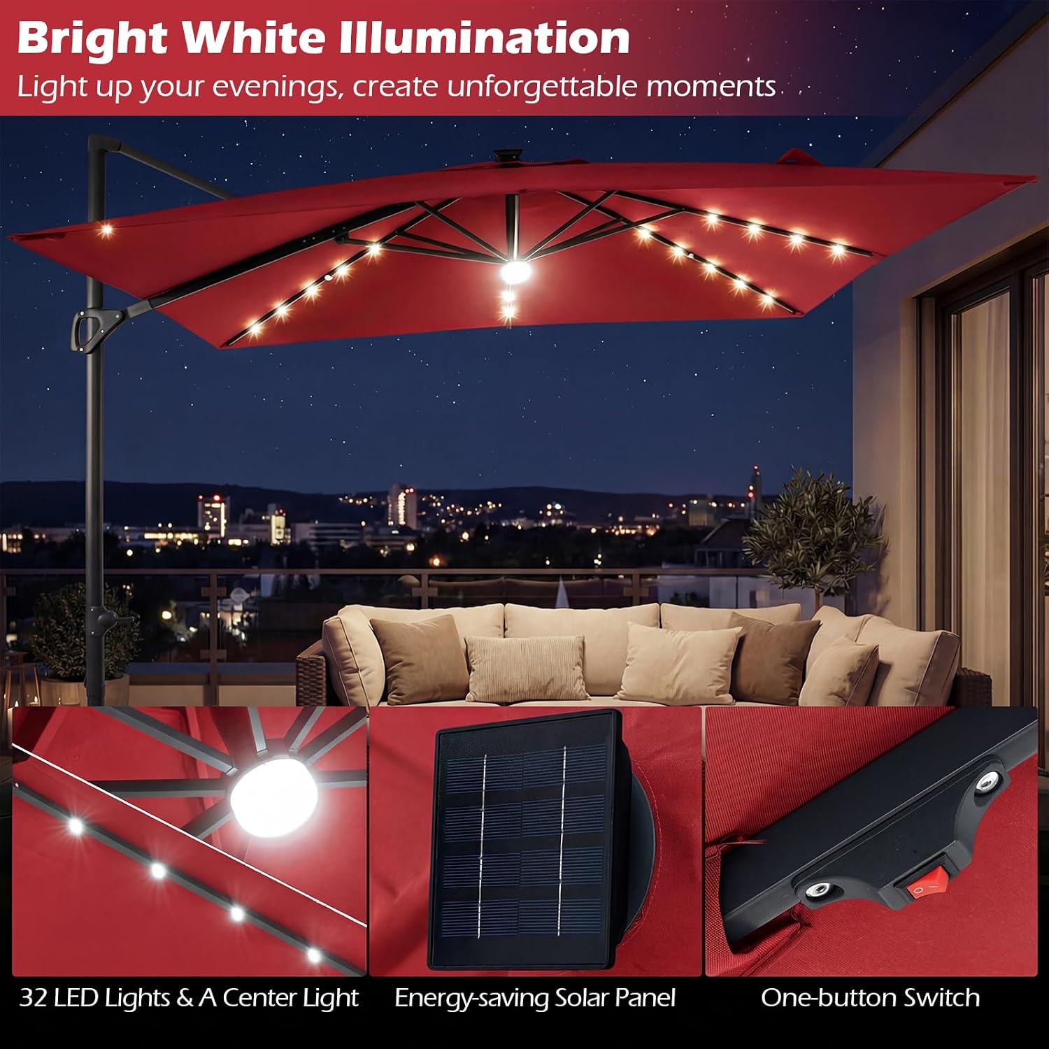 Tangkula 10ft Patio Umbrella with Solar Lights, Offset Cantilever Outdoor Umbrella with 32 LED Lights, Center Light, Aluminum Pole, 360 Degree Rotation, Tilt Adjustment, Air Vent for Pool Deck (Wine)