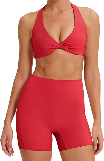 MOOSLOVER Women 2 Piece Workout Sets Open Back Halter Sports Bra Tank Top Scrunch Butt Gym Shorts Yoga OutfitsM, Red