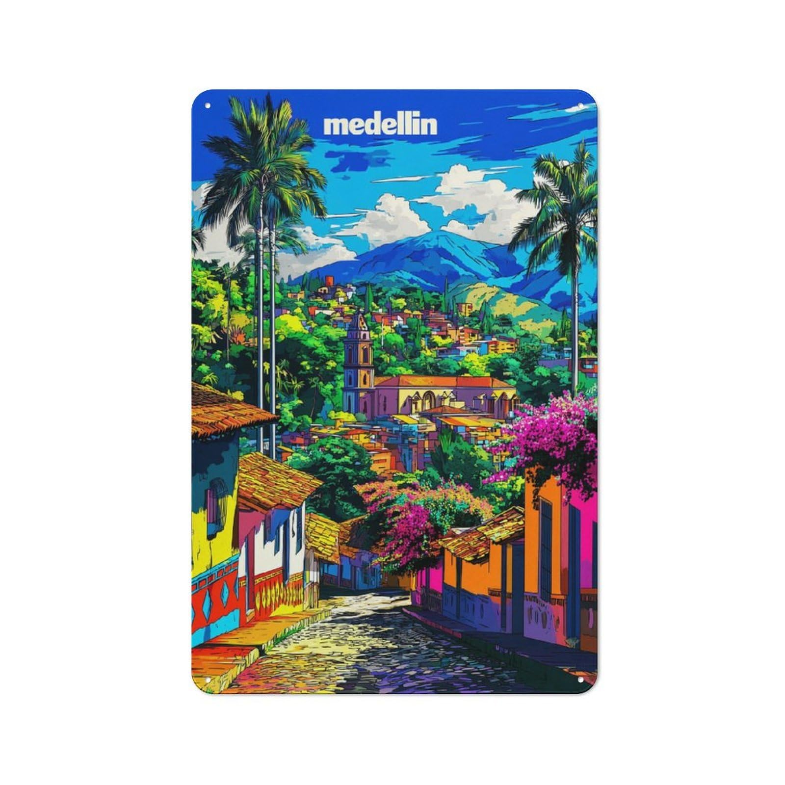 Junmoney Colorful Streets Of Medellin, Colombia Metal Sign 30X20cm With For Home Bar Wall, Vintage Decor, Wall Decoration For Home Bars And Entertaining Spaces
