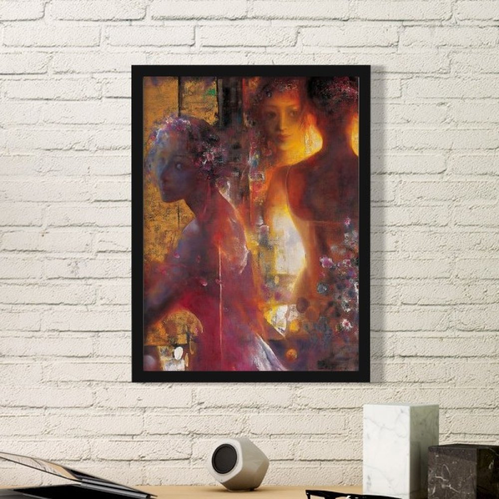 Peinture à l'huile Peach Fleurs cadre en bois noir élégant pour salon