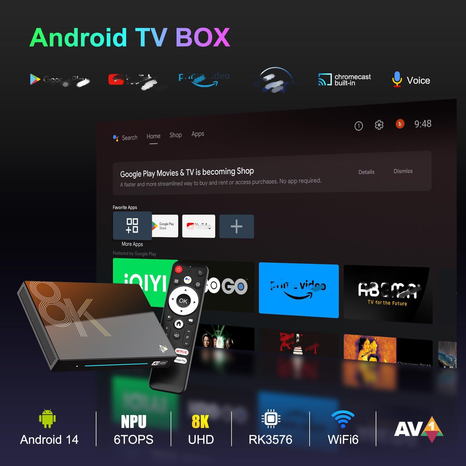 Boîtier TV Android 14.0, H96 Max M9S 8 Go De RAM 128 Go De ROM RK3576 avec Double WiFi 2,4 G/5,8 G, BT 5.0+ Quad-Core 64 Bits 4K/8K UHD H.265 Ethernet LAN 3D Set Top TV Box,8gb+128gb