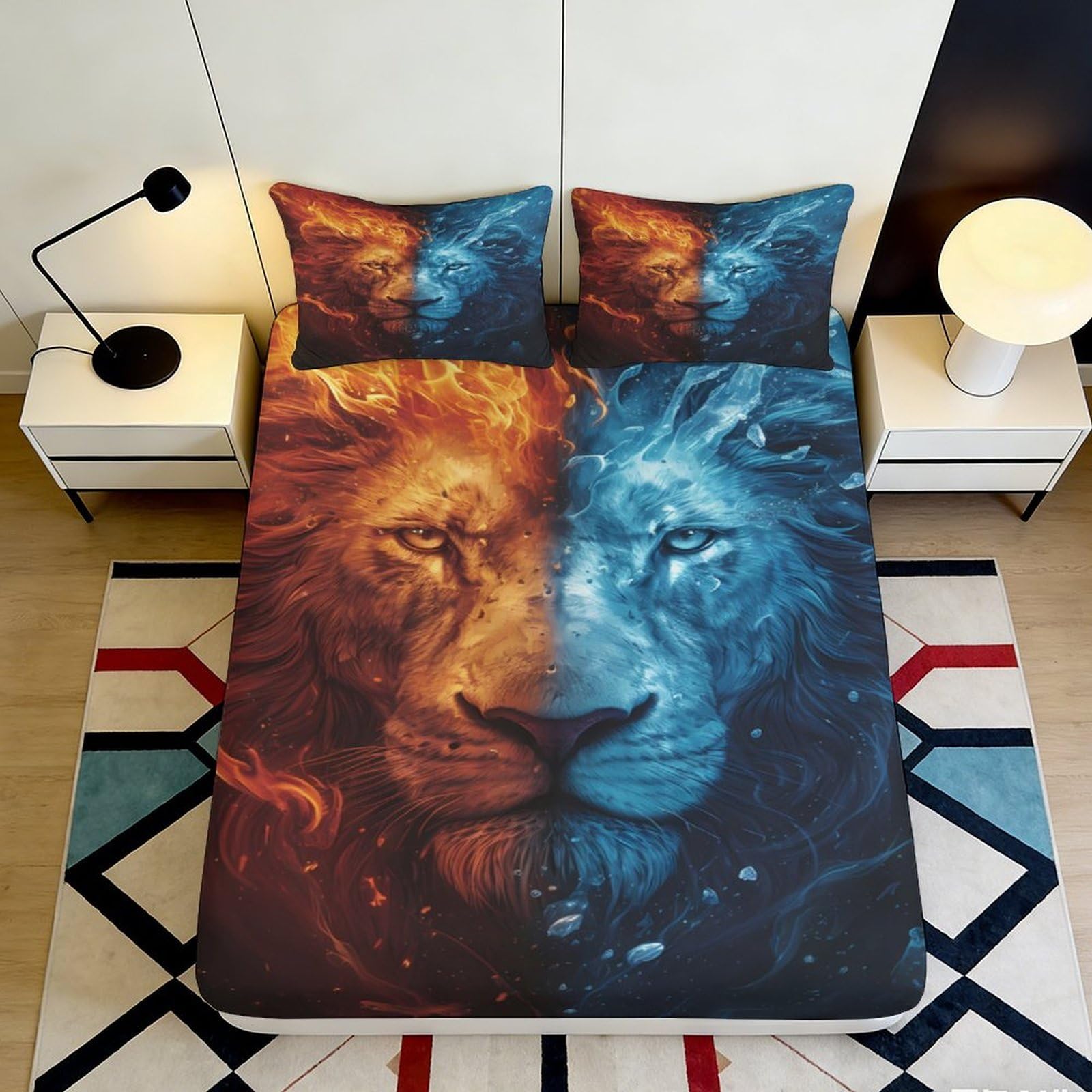 3D Printed Fire Ice Lion Fitted Sheet Microfiber Soft Anti-Slip Bed Cover for Bedroom Guest Room Mattress Decor 90x200x25cm