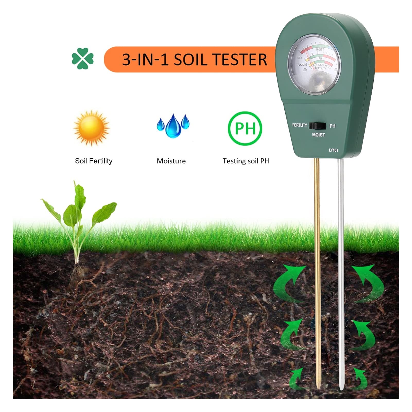 Medidor De Humedad, Comprobador De Suelo 3 En 1, Medidor De Ph, Detector De Suelo, Comprobador De Ph, Sensores De Humedad para Flores De Jardín, Medición De Precisión (Groen)