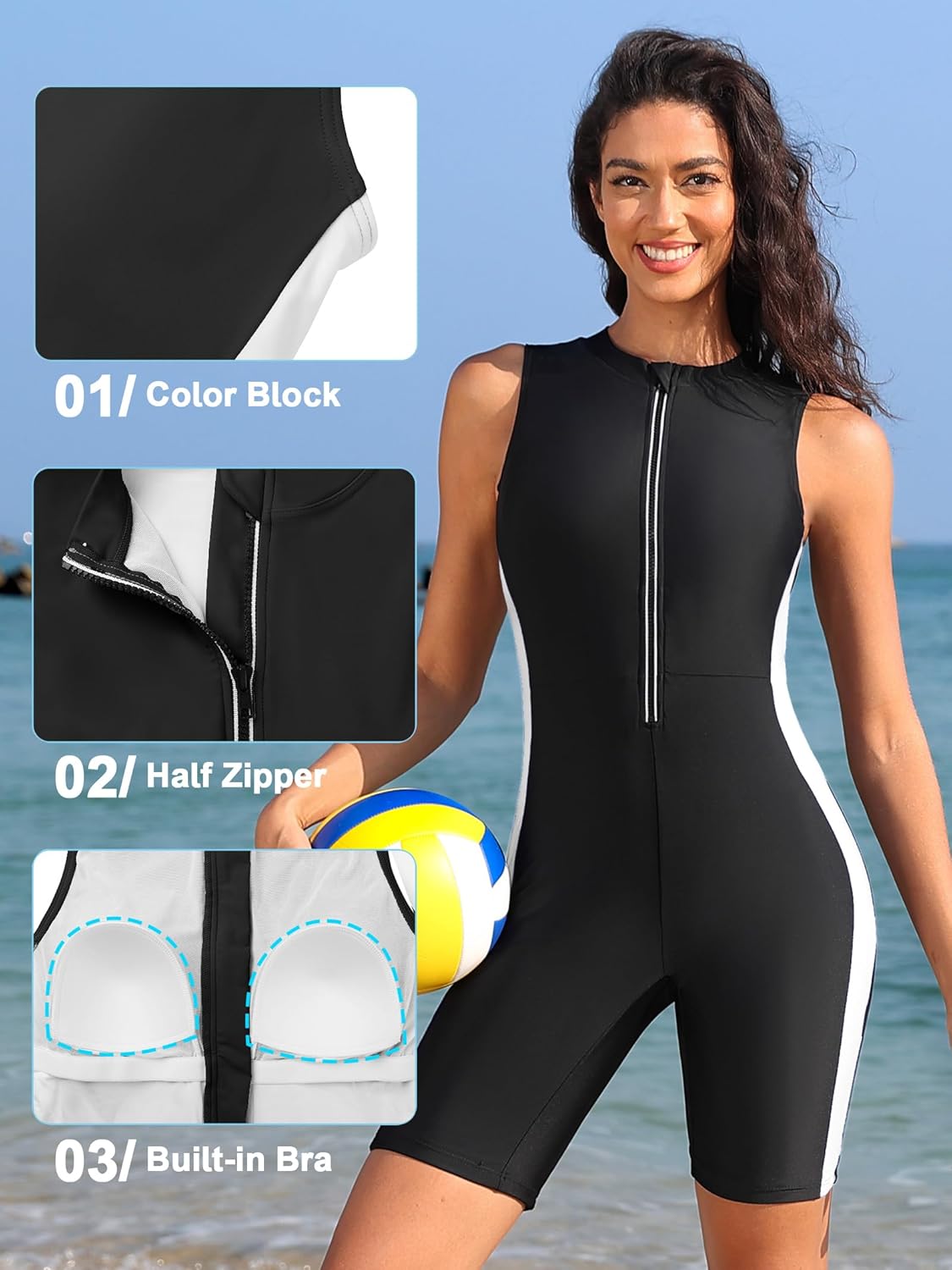 ATTRACO Boyleg One Piece Swimsuits for Women Athletic Bathing Suits Color Block Zip Up Swimwear - Image 4