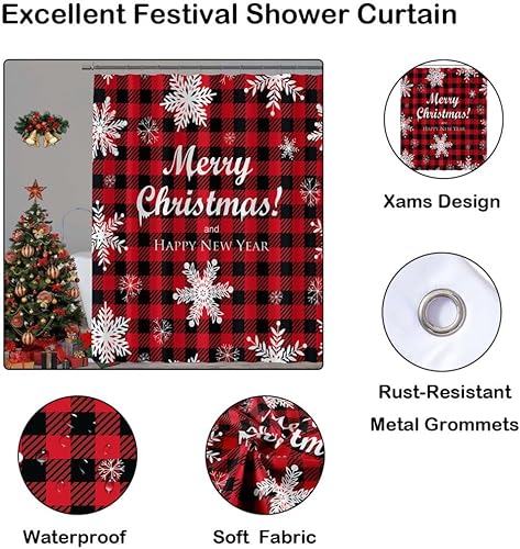 Miniatura 3 de YOSTEV Cortina de ducha de Navidad, cortinas de ducha de copos de nieve de Navidad de búfalo rojo para decoración de baño, cortina de baño de tela