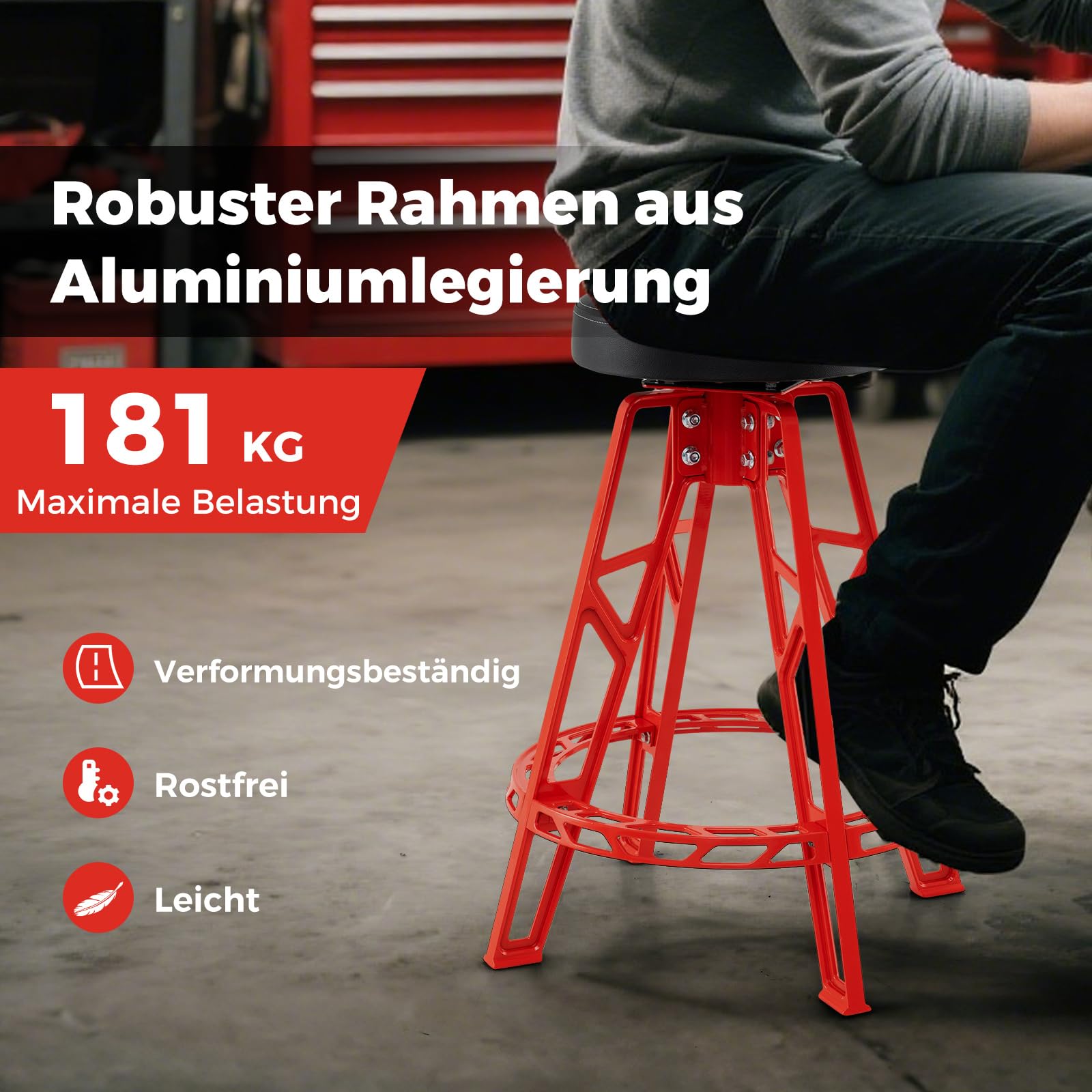 COSTWAY Werkstatthocker Hoch, Werkstattstuhl mit 360° drehbarem Sitz & Fußstütze, Werkstatt Hocker gepolstert aus Aluminiumlegierung bis 181 kg belastbar, Mechanikerhocker Werkstattsitz für Garage