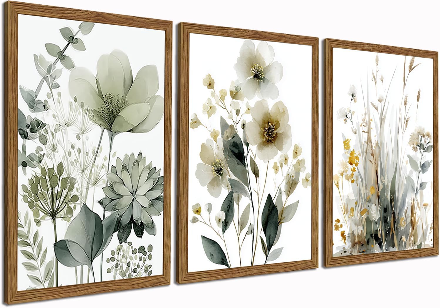 Szałwiowa zieleń botaniczna sztuka ścienna boho kwiatowe obrazy na płótnie, minimalistyczne plakaty kwiatowe wydruki dekoracja salonu (20 x 30 cm x 3/rama wewnętrzna)