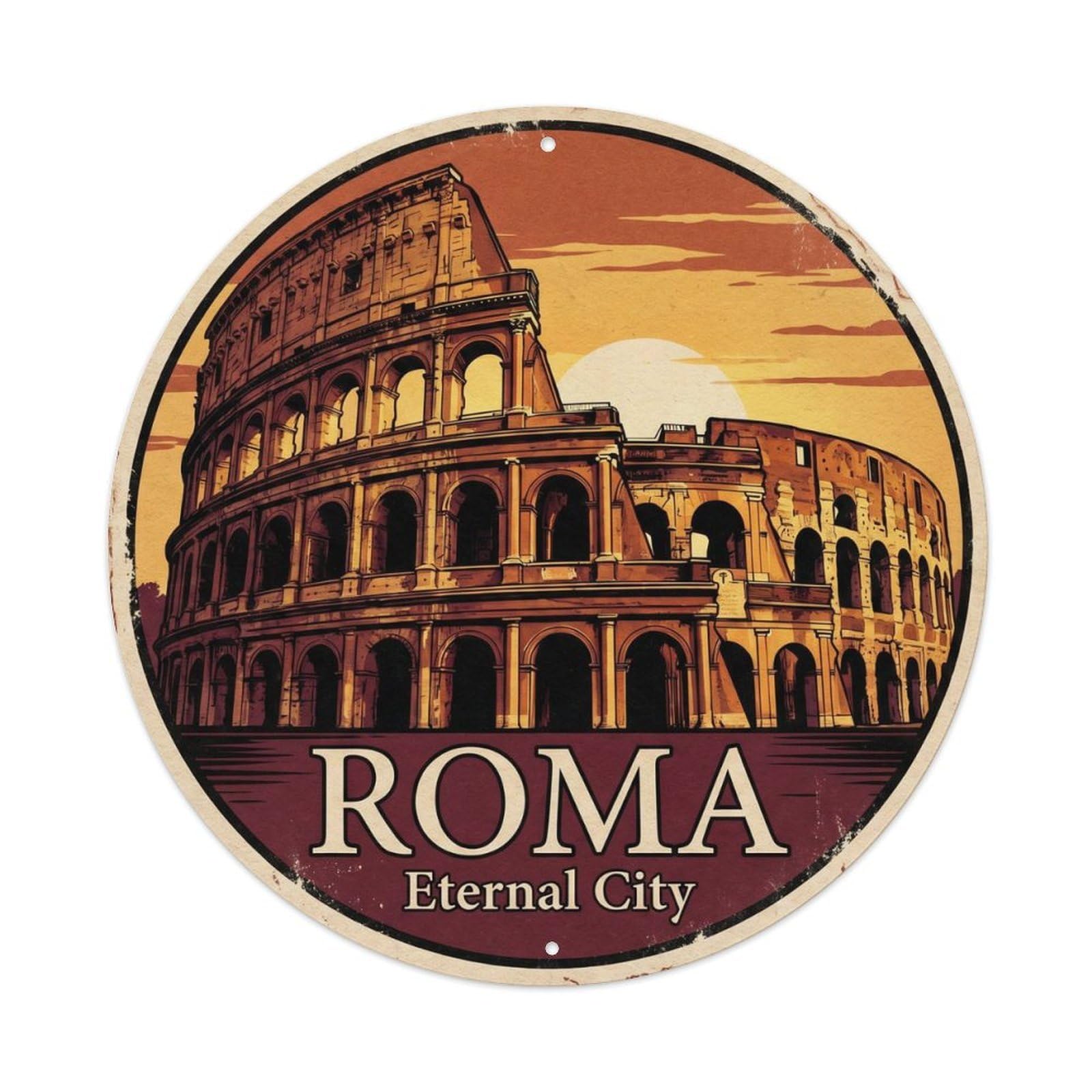 Vintage Travel Rome Italy Colosseum Vintage Metal Tin Sign Plaque Wall Decor for Cafe, Club, Garden Round Metal Poster 8x8Inch