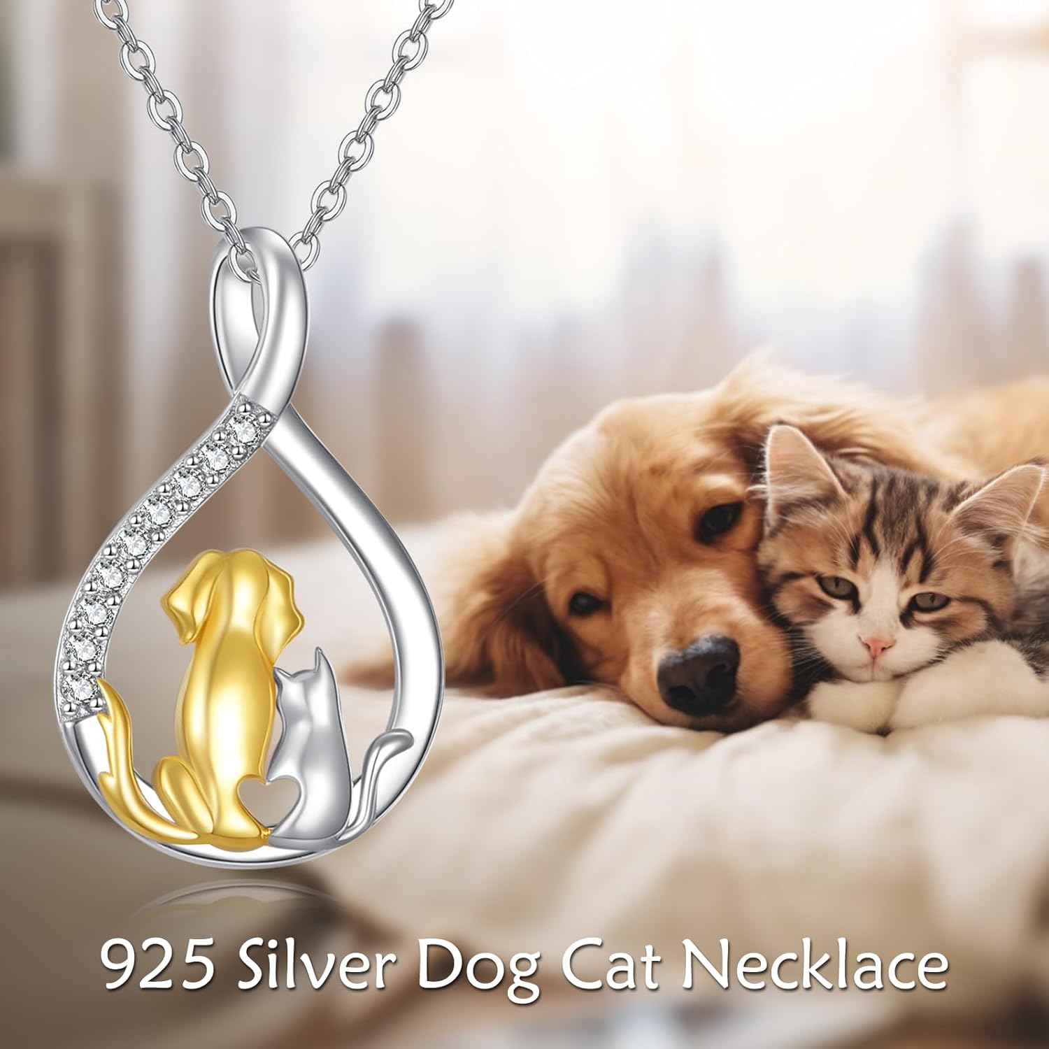 925 Sterling Silver Cute Pet Dog and Cat / 2 Cats Friendship Pendant Necklace Birthday Jewelry Gifts for Women