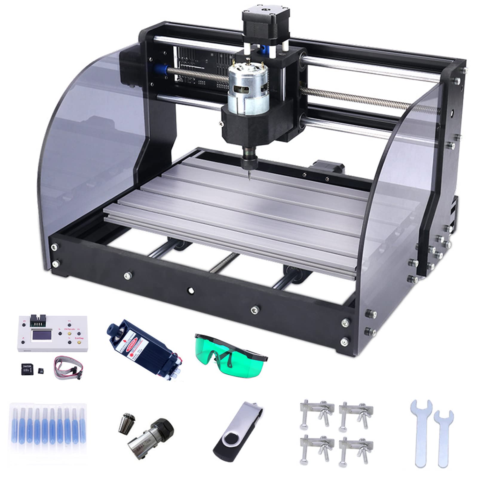 CNC Router Machine, 3 ejes GRBL Control USB Port, DIY Mini CNC Plástico Acrílico PVC Madera Grabadora Fresadora Máquina de Tallado, Área de Trabajo 30x18x4cm, 1W