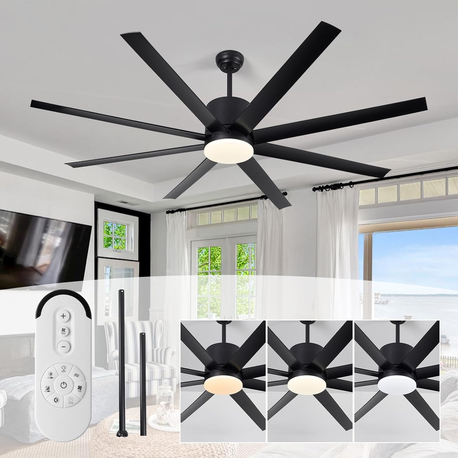 72inch Large Ceiling Fan with Lights: Indoor/Outdoor Black Big Ceiling Fan with Remote for Living Room Patio Bedroom, 6 Speed Reversible Quiet DC Motor, 3000K-6500K Dimmable LED Light, Modern, 8 Blade