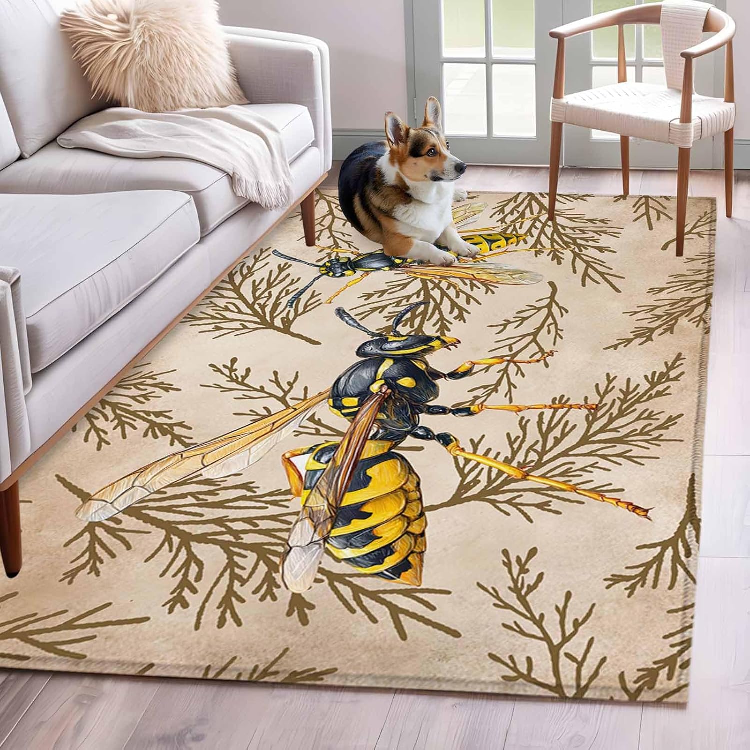2.7×5 Area Rugs for Living Room, Vintage Bee Washable Rug Rectangular Indoor Carpet Non-Slip, Vintage Brown Tree Branch Low Pile Bathroom Rug Kitchen Runner Rugs for Bedroom