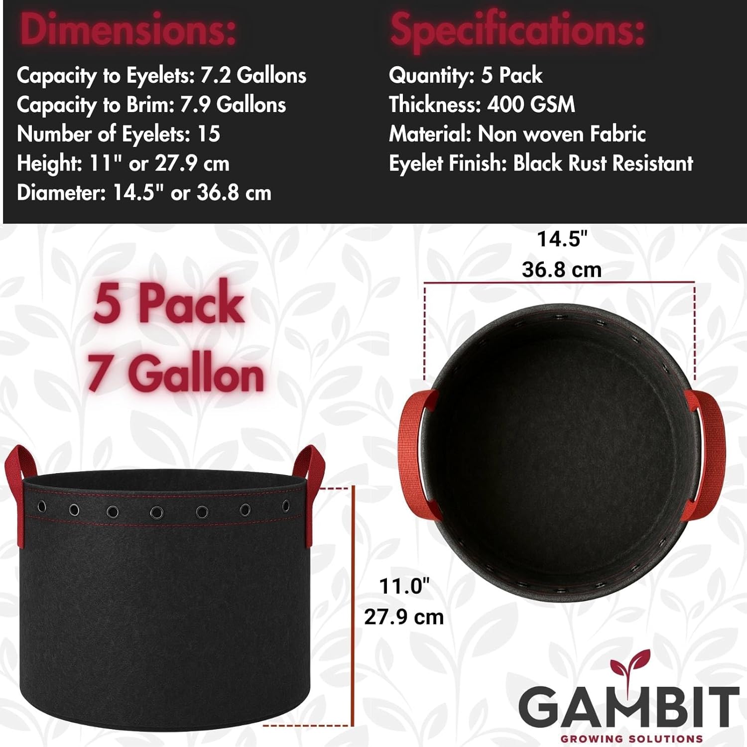 Fabric Grow Bags – 7 Gallon (5-Pack) Heavy-Duty 500G Pots with Handles & LST Rings for Vegetables, Flowers, Fruits