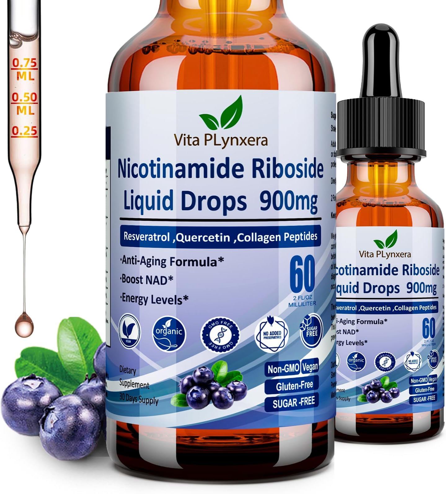 NAD Supplements for Women & Men, NAD Nicotinamide Riboside Resveratrol 900mg & Quercetin, Niacin, Collagen, Biotin, Liquid NAD Plus Supplement NR900 For Anti-Aging Skin Energy Longevity Focus Brain