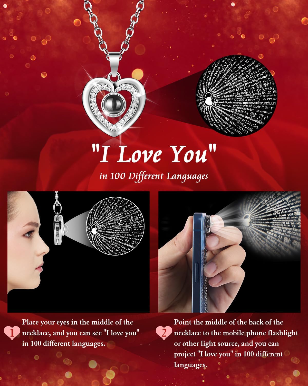 Preserved Red Forever Rose Heart Necklace Gift Box, Eternal Flowers I Love You Projection Jewelry, Romantic Mother's Day Anniversary Birthday Gift Women Her(Wife Girlfriend Mom)