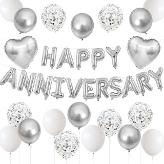 Anniversary Decorations Silver White,Happy Anniversary Foil Balloon Banner with Confetti,Latex,Foil Heart Balloons for Celebrations Surprise Events Romantic Night