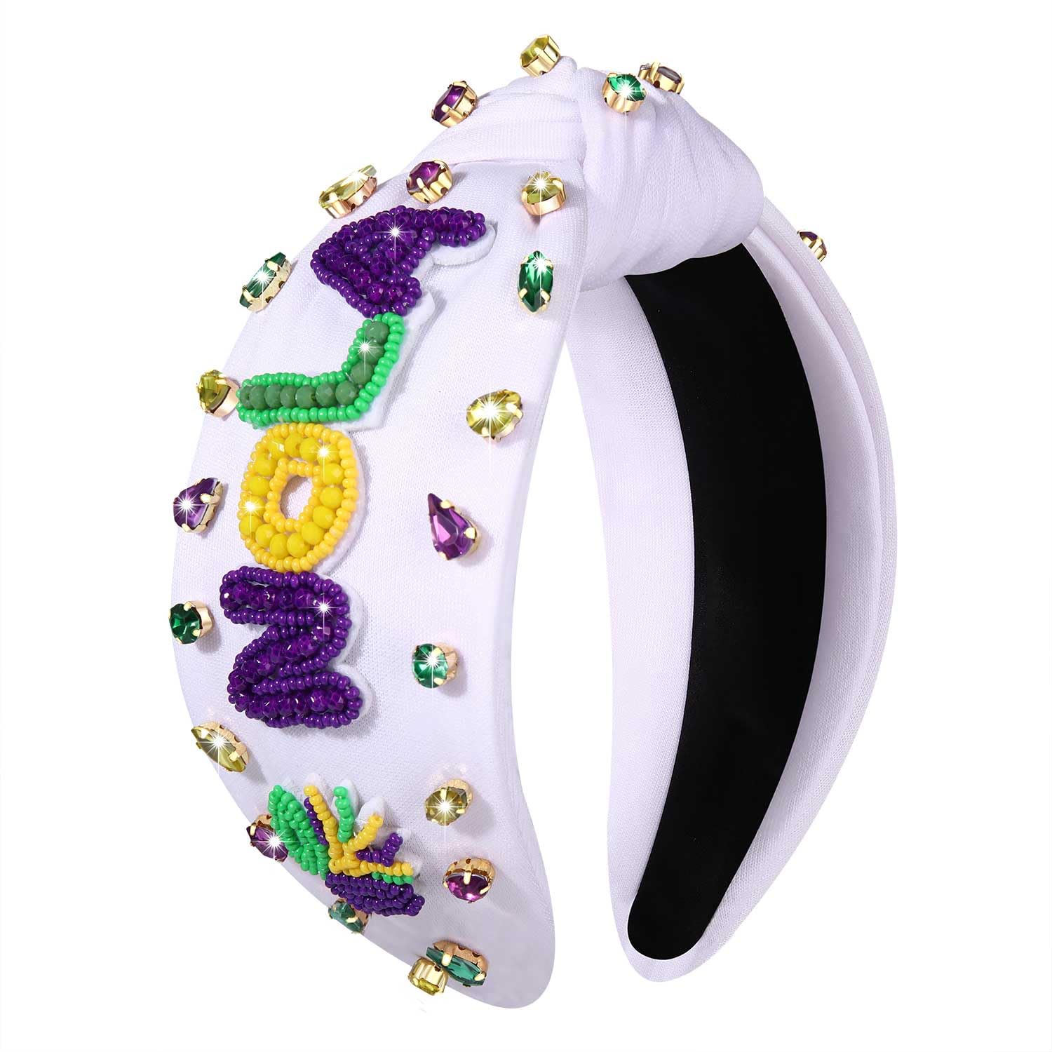 NVENF Mardi Gras Headband Accessories for Women Fleur De Lis Headbands Rhinestone Pearl Jeweled Knotted Headband Fat Tuesday Parade Party Favors Gifts (Bead NOLA White)